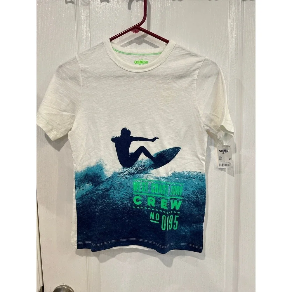 OshKosh Bgosh Boys Surfer Graphic T Shirt White Crew Neck Size 10 NWT